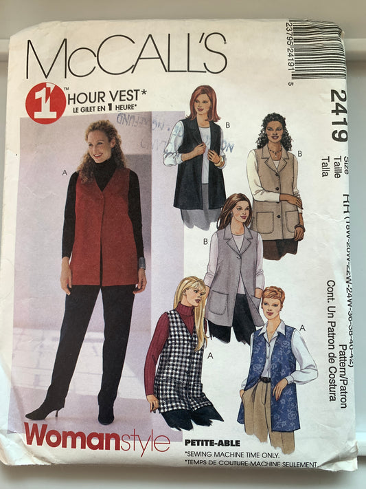McCall's Sewing Pattern 8402 Misses' Vest, Button Front, Size 12-14, Uncut, Vintage 1996