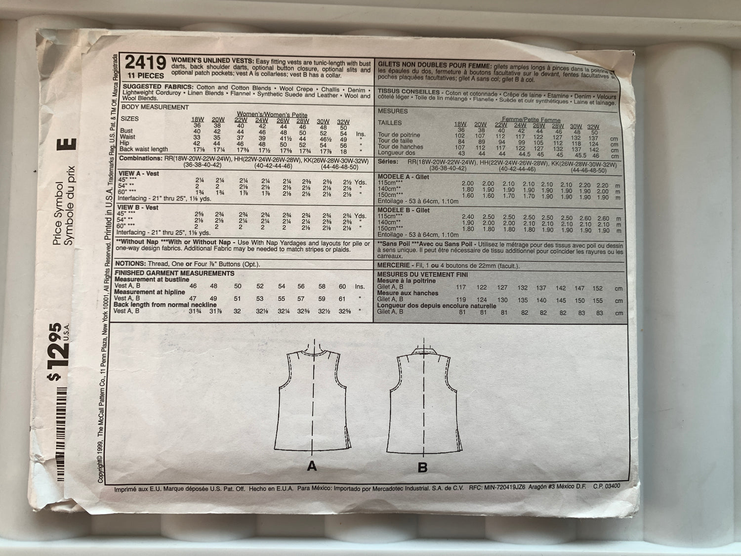 McCall's Sewing Pattern 8402 Misses' Vest, Button Front, Size 12-14, Uncut, Vintage 1996
