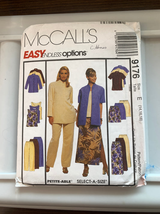 McCall's Sewing Pattern 9176 Women's Tunic, Top, Pull-On Pants, Shorts, Skirt, Size 14-18, Uncut, Vintage 1998