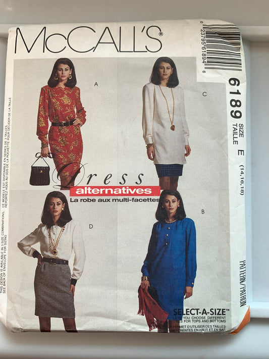 McCall's Sewing Pattern 6189 Misses' Dresses, Tunic, Blouse, Skirt, Long Sleeves, Loose-Fitting, Collar, Cuff,  Size 14-18, Uncut, Vintage 1992