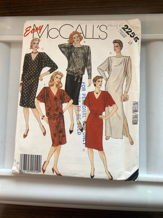 McCall's Sewing Pattern 2255 Misses' Dress, Top, Skirt, Tie Belt, Zipper Back, Two Lengths, Size 18, Uncut, Vintage 1985