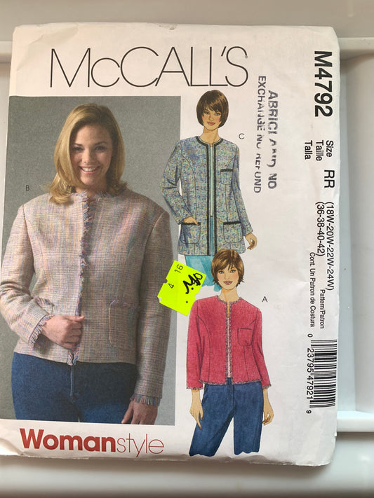 McCall's Sewing Pattern M4792 Misses'/Miss Petite Lined Jacket, Long Sleeves, Two Lengths, Pockets, Size 18W-24W, Uncut, 2006