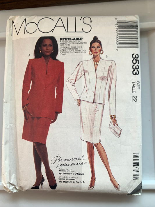 McCall's Sewing Pattern 3533 Misses' Lined Jacket, Skirt, Zipper Back, Shoulder Pads, Size 22, Uncut, Vintage 1988