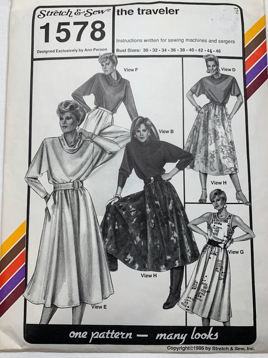 Stretch & Sew 1578 Ann Person Collectibles The Traveler Dresses,Skirt, Tops, Long/Short Sleeves Zipper, Uncut, 1986