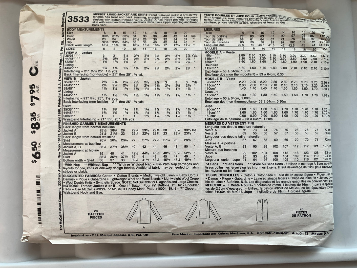 McCall's Sewing Pattern 3533 Misses' Lined Jacket, Skirt, Zipper Back, Shoulder Pads, Size 22, Uncut, Vintage 1988