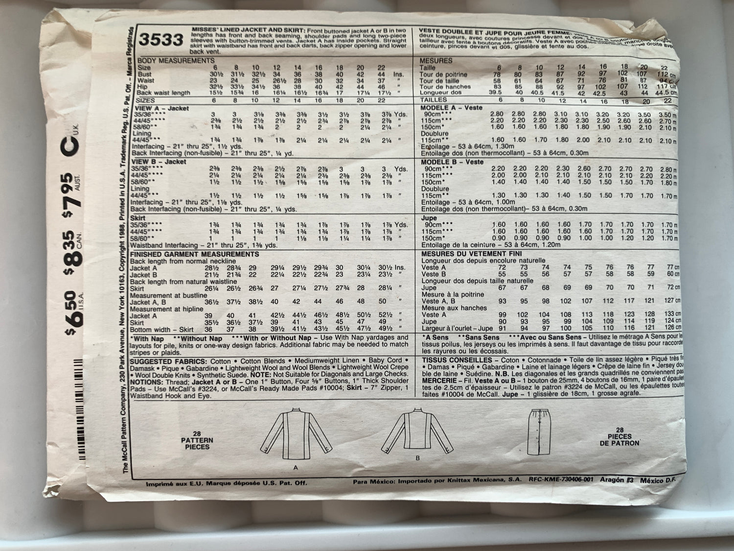 McCall's Sewing Pattern 3533 Misses' Lined Jacket, Skirt, Zipper Back, Shoulder Pads, Size 22, Uncut, Vintage 1988