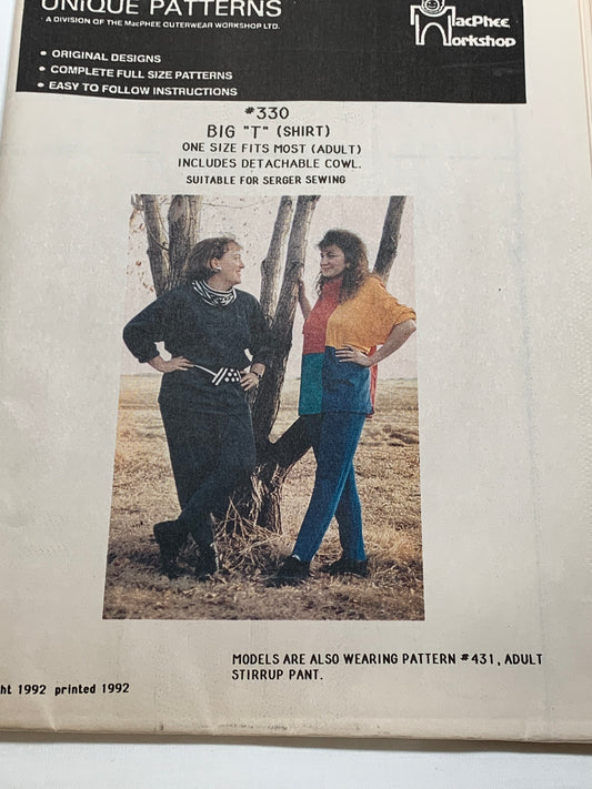 Unique Sewing Pattern 330 Adult Big T- Shirt, Macphee Workshop, Loose-Fitting, Pullover, Long Sleeves, One Size 46" Chest, Uncut, Vintage 1992