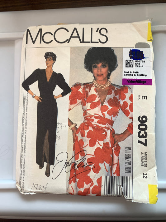 McCall's Sewing Pattern Joan Collins 9037 Misses' Dresses, Sash, Front Wrap, Shoulder Pads, Size 12, Uncut, Vintage 1984