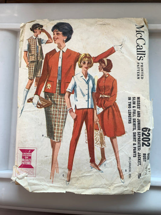 McCalls' Sewing Pattern 6202 Misses'/Junior Jacket, Skirt, Shirt, Pants, Two Lengths, Long/Short Sleeves, Button Front, Size 14, Uncut, Vintage 1961