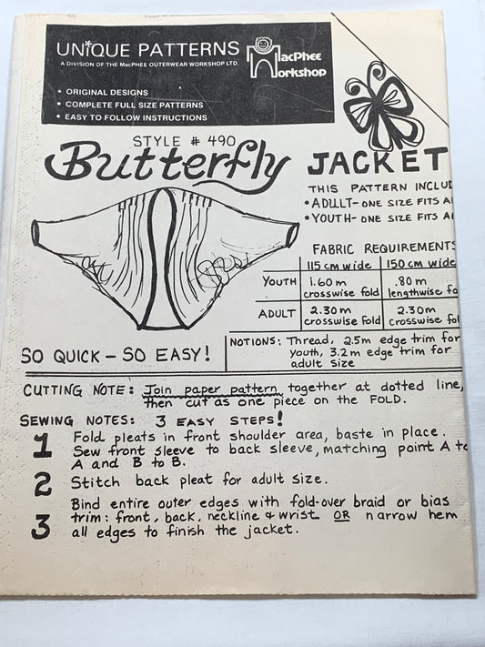 Unique Sewing Patterns Butterfly Jacket 490, Long Sleeves, Pockets, Multi-Sized, MacPhee Workshop, Vintage 1994