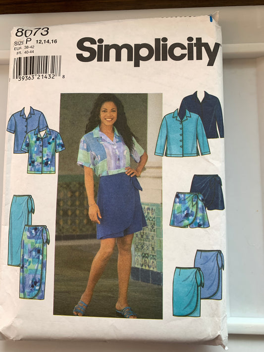 Simplicity Sewing Pattern 8073 Misses' Shirt, Shorts, Skirt, Button Front, Zipper Back, Two Lengths, Size 12-16, Uncut, Vintage 1998