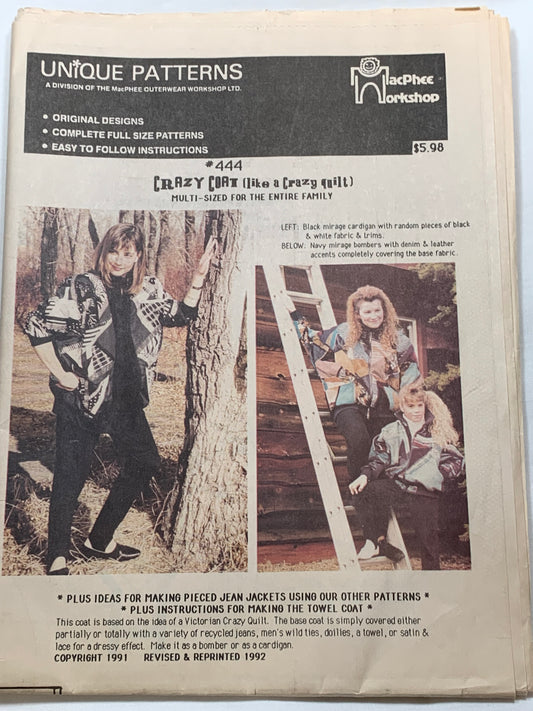 Unique Sewing Patterns Crazy Coat 444, Crazy Quilt, Long Sleeves, Pockets, Child Size 2 to Adult Size XL, Multi-Sized, MacPhee Workshop, 1991
