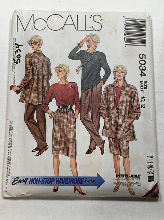 McCall's Sewing Pattern 5034 Misses' Jacket, Top, Skirt, Pants, Long Sleeves, Pullover, Elastic Waist, Pockets, Size 10-12, Uncut, Vintage 1990