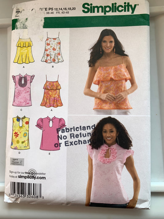 Simplicity Sewing Pattern 2650 Misses' Tops, 6 Variations, Sleeveless, Shoulder Straps, Size 12-20, Uncut, 2009