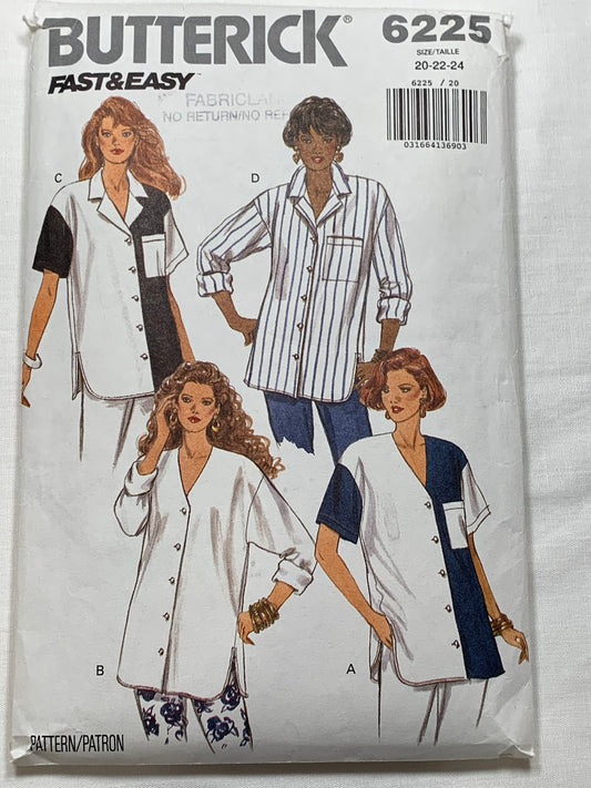 Butterick Sewing Pattern 6225 Misses'/Misses' Petite Shirt, Loose-Fitting, Short/Long Sleeves, Dropped Shoulder, Button Front, Pocket, Size 20-24, Uncut, Vintage 1992