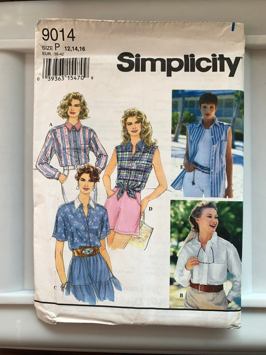 Simplicity Sewing Pattern 9014 Misses' Top, Long/Short Sleeves, Button Front, 5 Variations, Size 14-16, Uncut, Vintage 19996