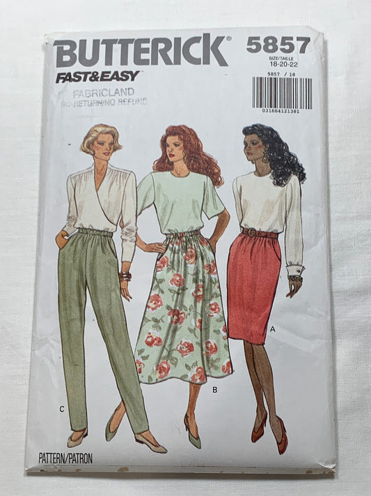 Butterick Sewing Pattern 5857 Misses'/Misses' Petite Skirt, Pants, Capris, Elastic Waist, Two Lengths, Tapered, Pockets, Size 18-22, Uncut, Vintage 1991