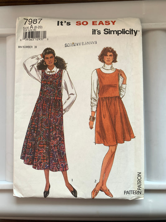 Simplicity Sewing Pattern 7987 Misses' Jumper, Dress, Two Lengths, Loose-Fitting, Zipper Back, Sizes 8-20, Uncut, Vintage 1992