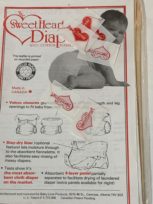 Vintage The Sweetheart Diapers Sewing Pattern, Flannelette, Adjustable Sizes, Stay Dry Liner, Absorbent, Fasteners, Uncut, Vintage 1990