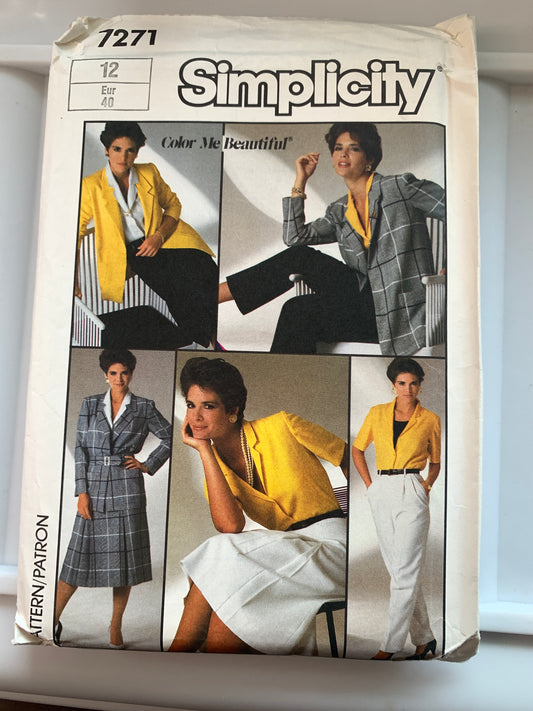 Simplicity Sewing Pattern 7271 Misses' Skirt, Pants, Blouse, Unlined Jacket. Long/Short Sleeves, Loose-Fitting, Side Zipper,  Size 14, Uncut, Vintage 1988