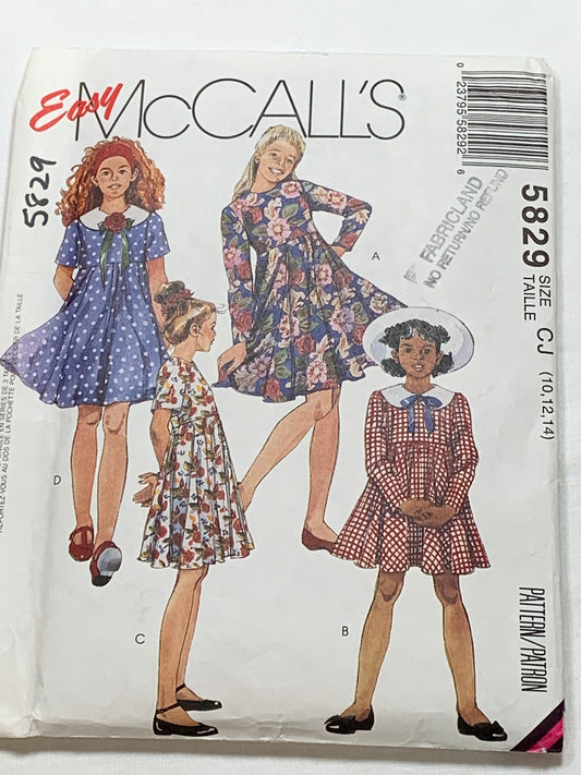 McCall's Sewing Patterns 5829 Girl's Dress, Zipper Back, Flared, Long/Short Sleeves, 4 Variations, Empire Waisted, Size 10-14, Uncut, Vintage 1992