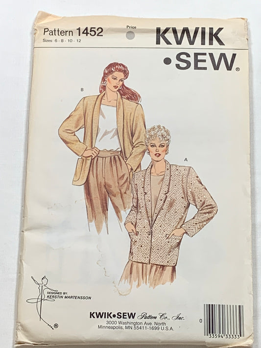 KWIK Sewing Pattern 1452 Misses' Blazer, Pockets, Shawl Collar, Unlined, Size 6-12, Uncut, Vintage 1985