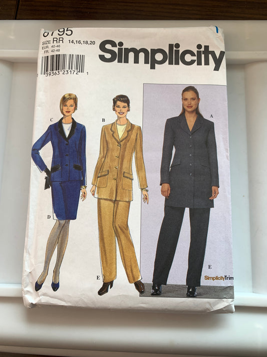 Simplicity Sewing Pattern 8795 Misses'/Misses' Petite Lined Jacket, Skirt, Pants, Zipper Back, Button Front, Size 14-20, Uncut, Vintage 1999