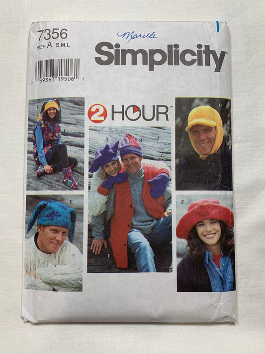 Simplicity Sewing Pattern 7356, Unisex Hats, Toques, Mitts, Booties, Vest, Outerwear, Accessories, Cut as a Large, Jester, Fringe, Ear Flaps Size S-L, Vintage 1996