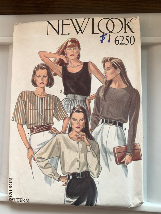 Simplicity New Look Sewing Pattern 6250 Misses' Top, Long/Short Sleeves, Button Front, Pockets, 4 Variations, Size 8-18, Uncut, Vintage 1999