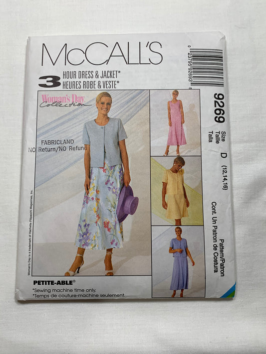 McCall's Sewing Pattern 9269 Misses' Dress, Lined Bolero/Jacket, Two Lengths, Sleeveless, Short Sleeves, Princess Seams, Size 12-16, Unut, Vintage 1998