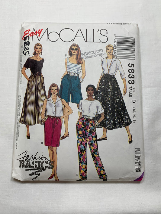 McCall's Sewing Pattern 5833 Misses' Skirts, Split-Skirts, Pants, Flared, Elastic Waist, Tapered, Size12-16, Uncut, Vintage 1992