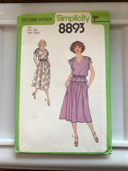 Simplicity Sewing Pattern 8893 Misses' Dress, Pullover, Pockets, Top, Skirt, Size 16 1/2, Uncut, Vintage 1978