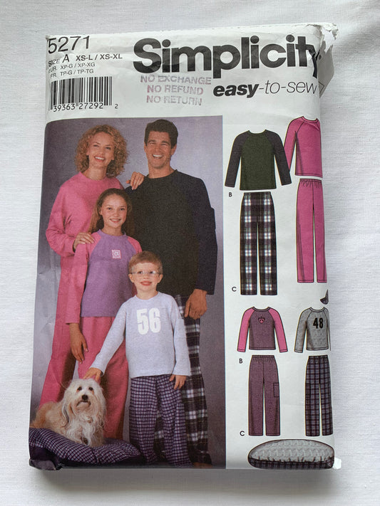 Simplicity Sewing Pattern 5271 Men's, Misses', Child, Teens', Pajamas, Pants, Tops, Accessories, Child Teens Size 4-16, Adults Size S-XL, Cut, 2003