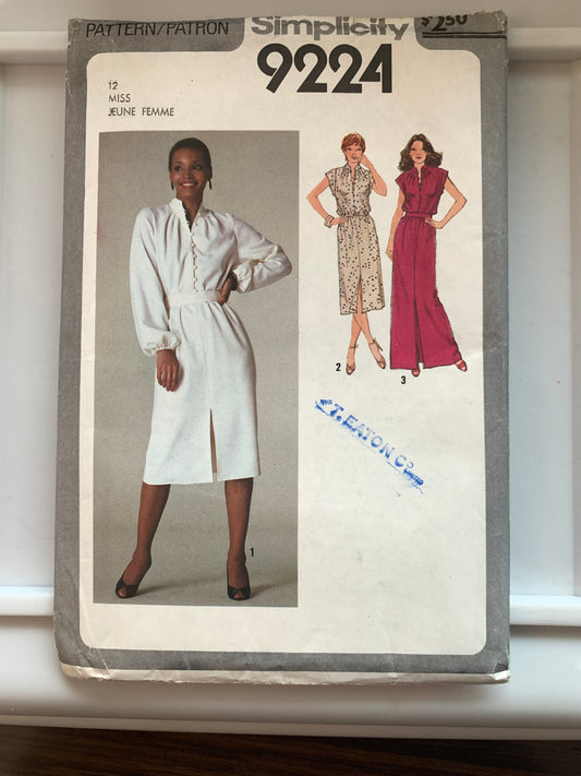 Simplicity Sewing Pattern 9224 Misses' Dresses, Two Lengths, Pullover, Belt, Elastic Waist, Long/Short Sleeves, Size 12, Uncut, Vintage 1979 