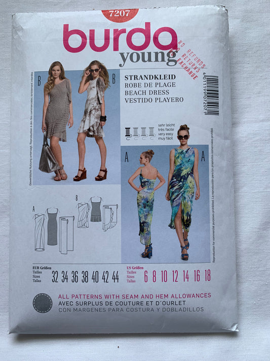Burda Sewing Pattern 7207 Misses' Beach Dress, Sleeveless, Close Fitting, 2 Variations, Size 6-18, Uncut, 2000