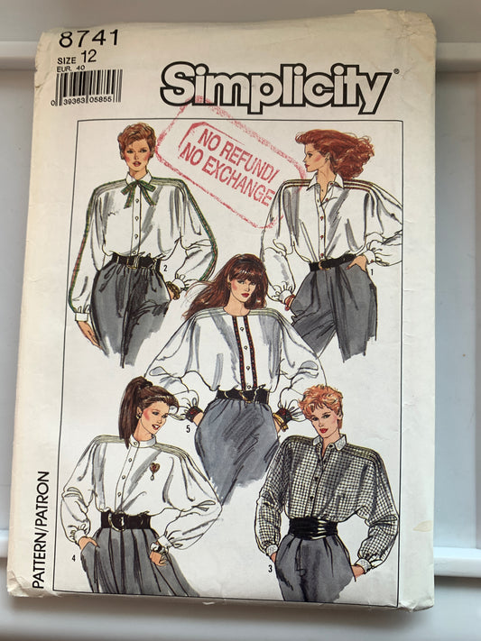 Simplicity Sewing Pattern 8741 Misses' Blouses, Button Front, Long Sleeves, Collar, 5 Variations, Size 12, Uncut, Vintage 1988