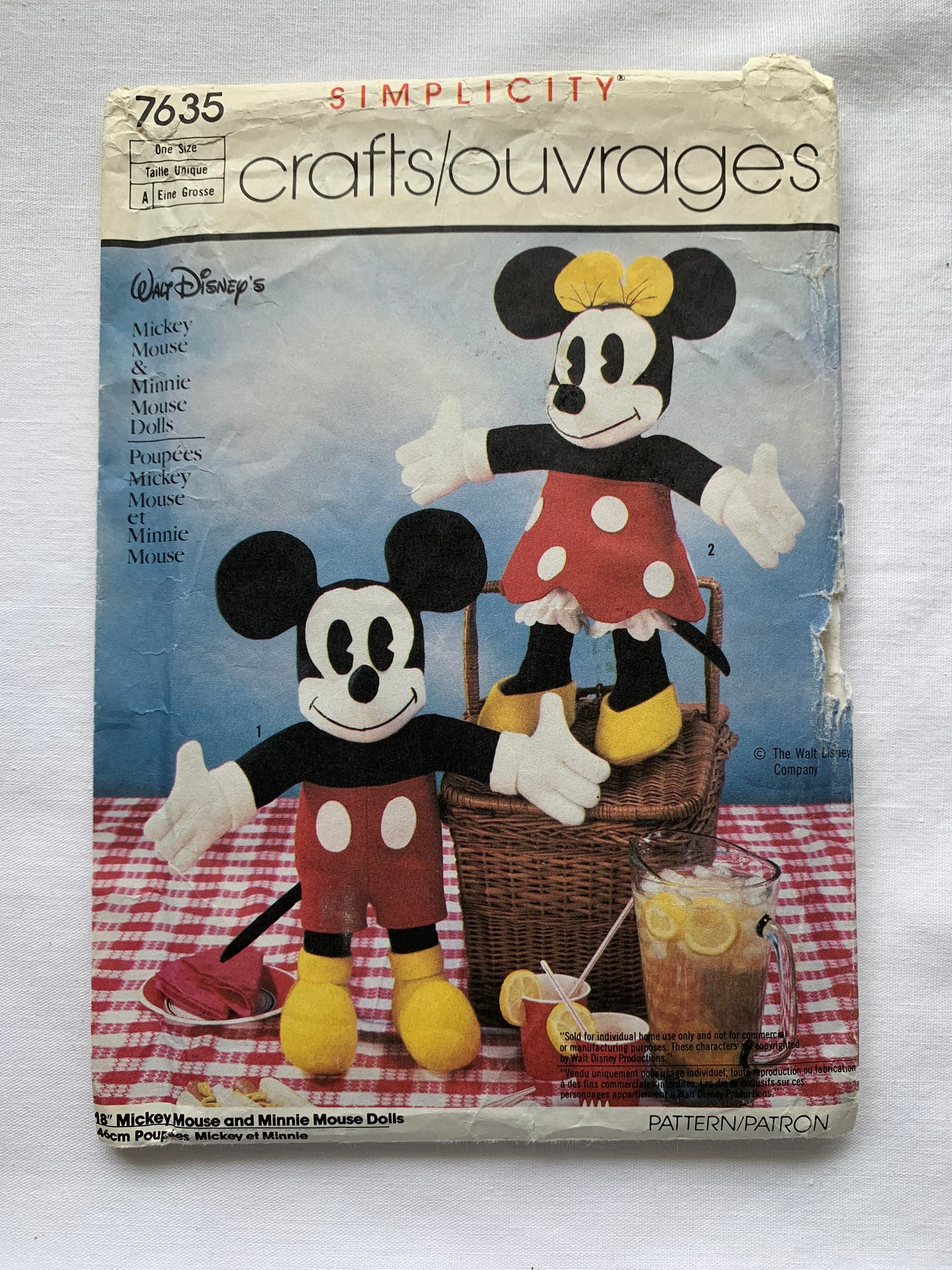 Simplicity Sewing Pattern 7635 Minnie/Mickey Mouse Dolls, 18 Inches, Uncut, Vintage 1986