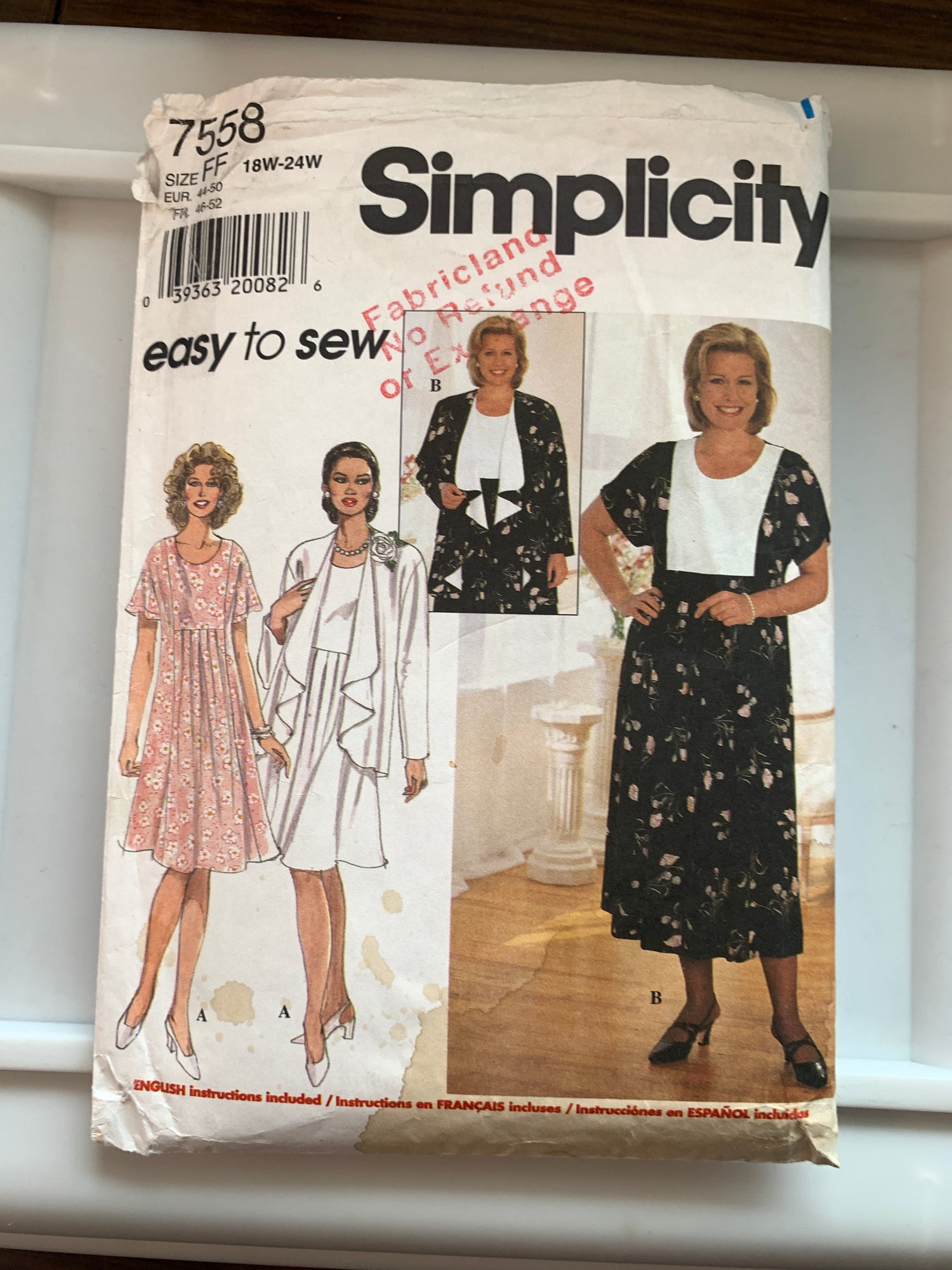 Simplicity Sewing Pattern 9810 Misses' Dress, Jacket, Loose-Fitting, Pullover, Size 18W-24W, Uncut, Vintage 1997