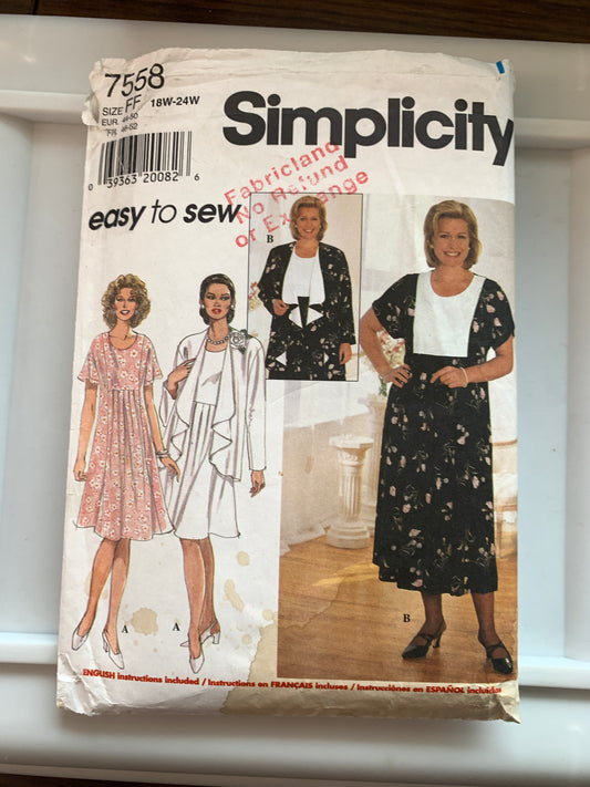 Simplicity Sewing Pattern 9810 Misses' Dress, Jacket, Loose-Fitting, Pullover, Size 18W-24W, Uncut, Vintage 1997