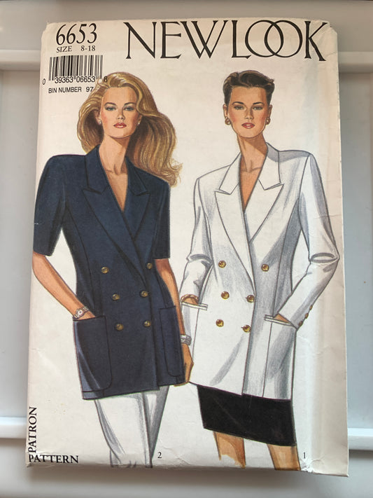 Simplicity New Look Sewing Pattern 6653 Jacket, Double Breasted, Long/Short Sleeves, Lapel, Size 8-18, Uncut, Vintage 1999