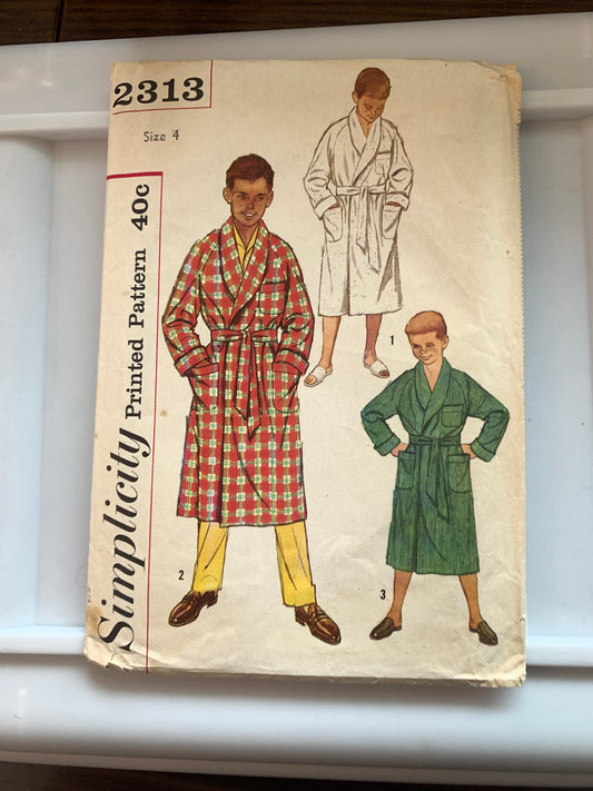 Simplicity Sewing Pattern 2313 Boys' Robes, Pockets, Tie Belt, Size 4, Uncut, Vintage 1957