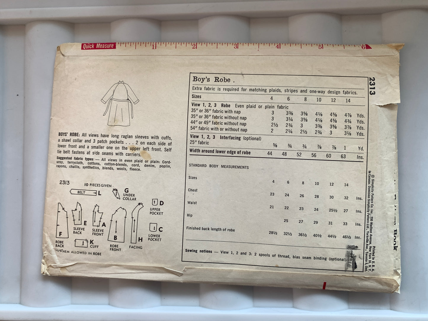 Simplicity Sewing Pattern 2313 Boys' Robes, Pockets, Tie Belt, Size 4, Uncut, Vintage 1957