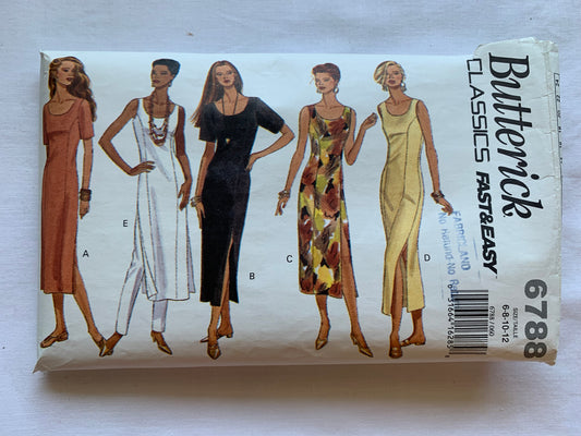 Butterick Sewing Pattern 6788 Misses' Pants, Dress, Semi-Fitted, Short Sleeves, Tapered, Zipper Back, Size 6-12, Cut, Vintage 1993