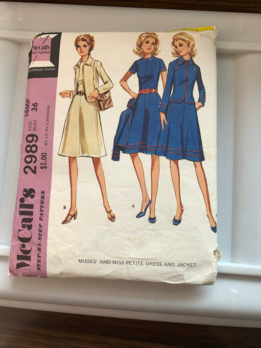 McCall's Sewing Pattern 2989 Misses'/Petite Jacket, Dress, Lined, Zipper Back Size 14, Cut, Vintage 1971