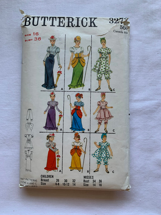 Butterick Sewing Pattern 3273 Misses' Costumes, Halloween, Early 1900's Skirt, Bustle Corselet, Hat, Ruffles, Top, Size 16, Cut, Vintage 1970