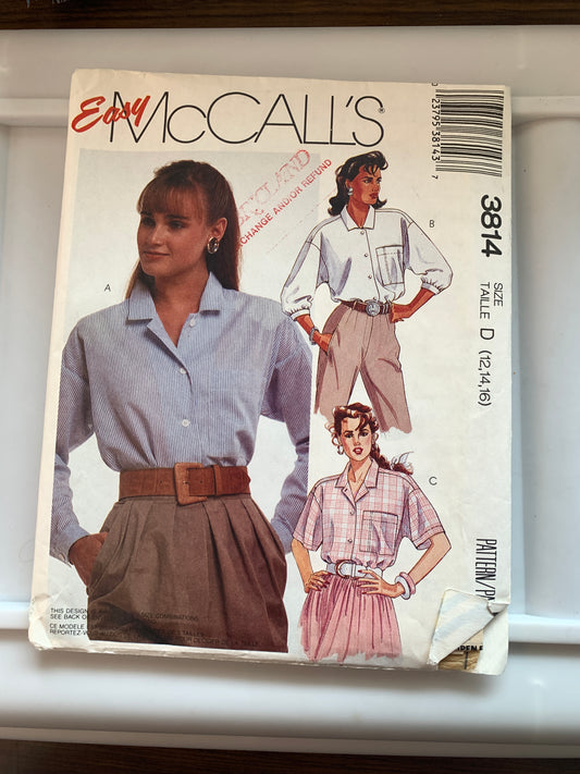 McCall's Sewing Pattern 3814 Misses' Blouse, Long/Short Sleeves, Pocket, Shirts, Button Front, Shirttail, Loose-Fitting, Size 12-16, Cut, Vintage 1988