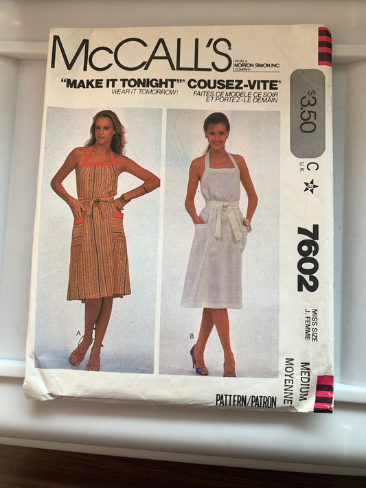 McCall's Sewing Pattern 7602 Misses' Dress Back Wrap, Shoulder Straps, Pockets, Tie Belt, Size 14-16, Cut, Vintage 1981