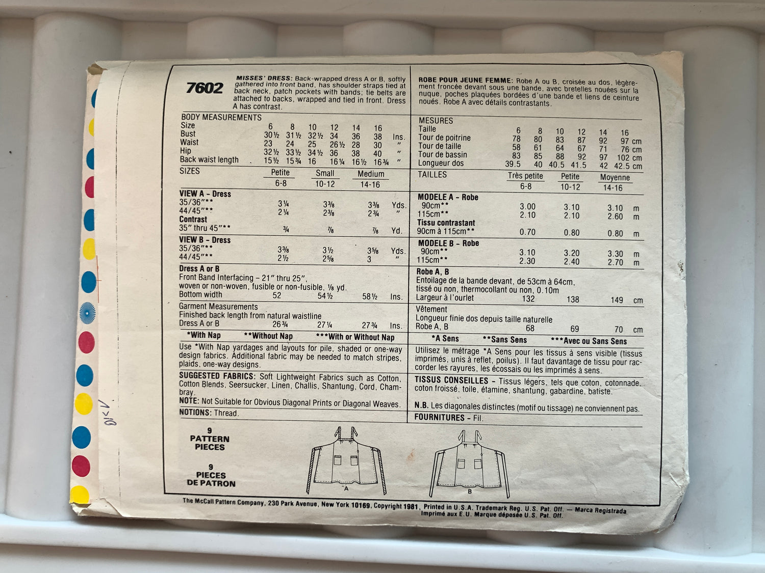 McCall's Sewing Pattern 7602 Misses' Dress Back Wrap, Shoulder Straps, Pockets, Tie Belt,  Size 14-16, Cut, Vintage 1981