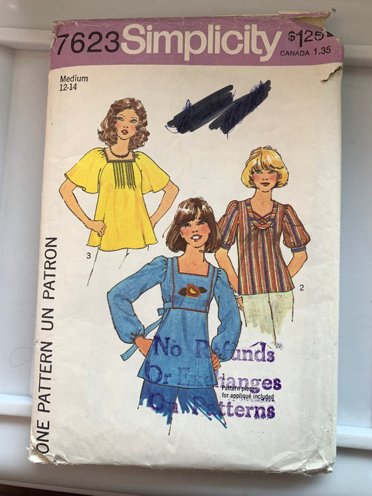 Simplicity Sewing Pattern 7623 Misses' Pullover Top, Long/Short Sleeves, 3 Variations, Size 12-14, Cut, Vintage 1976