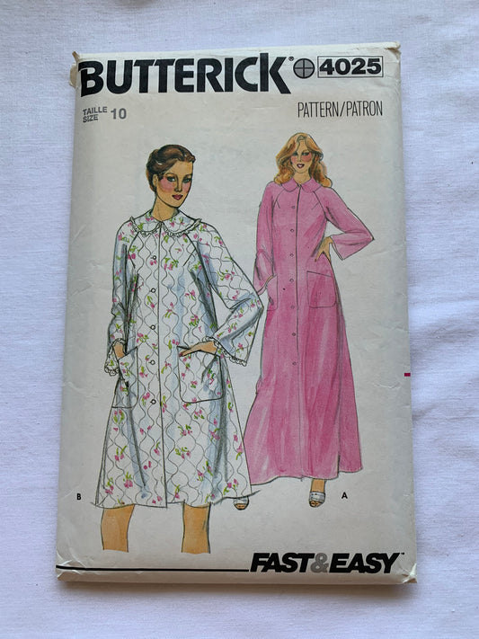 Butterick Sewing Pattern 4025 Misses' Robe, Housecoat, Loose-Fitting, Long Sleeves, Button Front, Pockets, Size 10, Cut, Vintage 1980